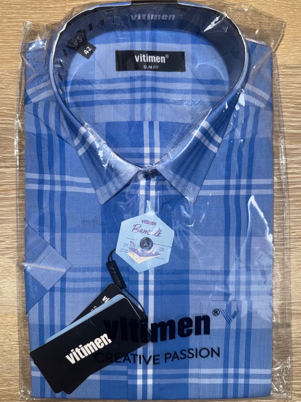 Vitimen Vietnam Men’s Slim Fit Blue Plaid Short Sleeve Button Down Shirt | M